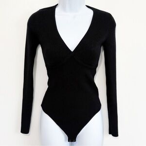 ABERCROMBIE & FITCH Bodysuit Long Sleeve Deep V-Cut Ribbed Black Small